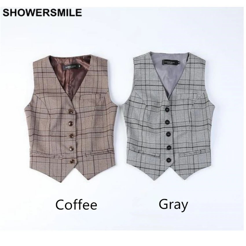 SHOWERSMILE Suit Vest Women Plaid Gilet Spring Short Waistcoat Female Sleeveless Blazer Jacket British Style Women's Vest