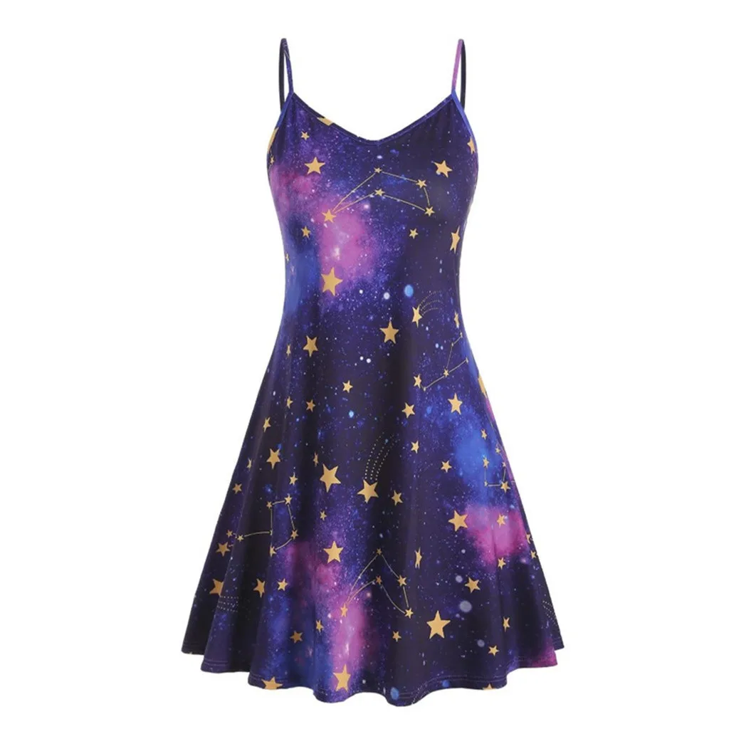 

2019 women fashion sexy v neck Star printing casual sling midi dress female backless satin vestidos chic party dresses