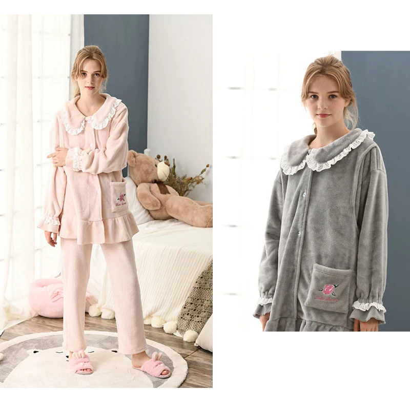 

2pcs/sets breastfeeding pajama breast feeding nightwear maternity nursing pajamas warm fleece sleepwear pregnancy pyjamas