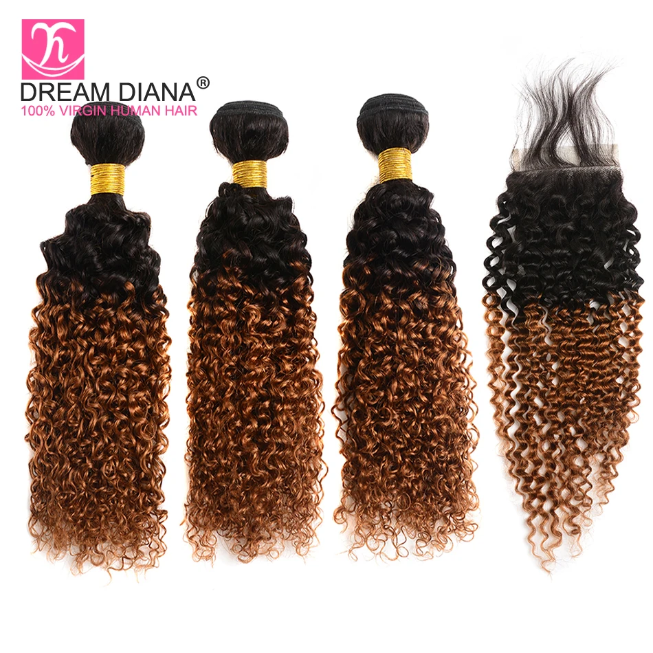 

DreamDiana Brazilian Ombre Curly Hair With Closure Two Tones Afro Kinky Bundles With Closure Remy 1b 30 Bundles With Closure