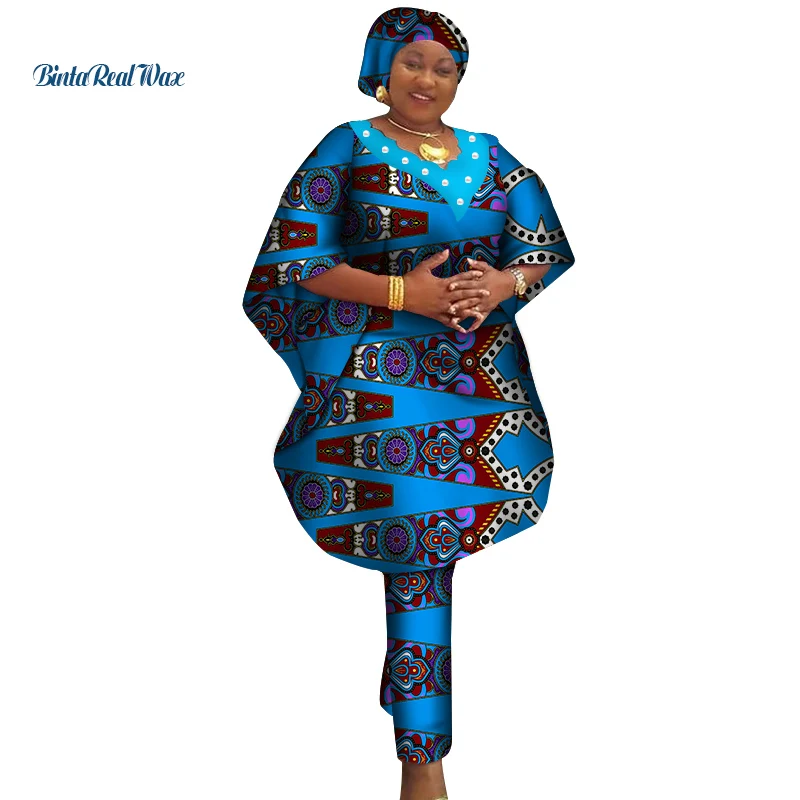 Африканская одежда халат и брюки африканские женские 2 шт брюки наборы Базен Riche африканская одежда принт жемчуг рубашка и брюки WY3760 - Цвет: 19