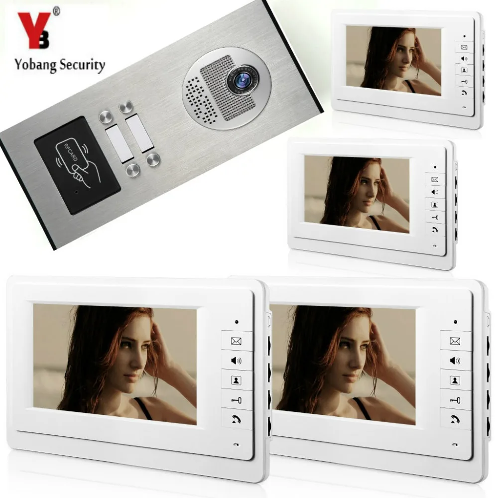 

Yobang Security Wired 7 Inch Monitor Waterproof Video Intercom Doorbell Entry System 4 Units Apartment Intercom Camera System