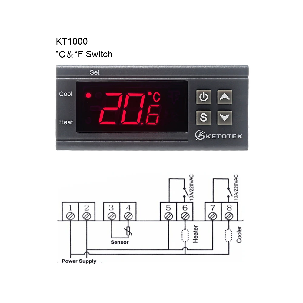 

KT1000 12V 24V 220V Digital Temperature Controller 10A C/F Two Relay Incubator Temperature Thermostat With Heater And Cooler