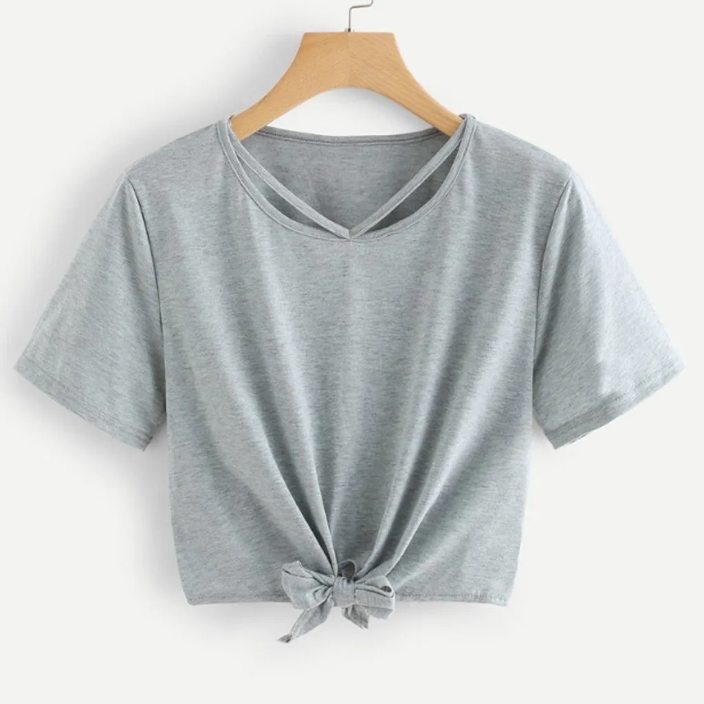 

Women Short t shirt Casual Solid Color Short Sleeve Hollow Out Bandage Top Crop Tops Shirt Fashion tee shirt femme tshirt 2019