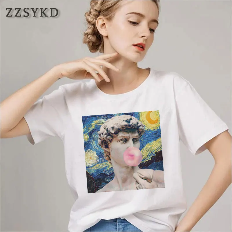 

ZZSYKD vogue Summer David Michelangelo Van Gogh Oil Painting women shirts harajuku Casual Short Sleeve shirt women