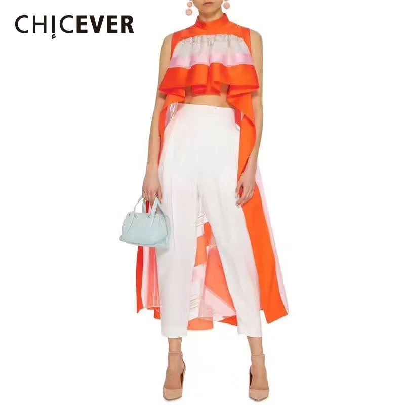 

CHICEVER Summer Striped Casual Asymmetrical Long Length Blouse Women Stand Collar Sleeveless Off Shoulder Ruffles Female Shirt