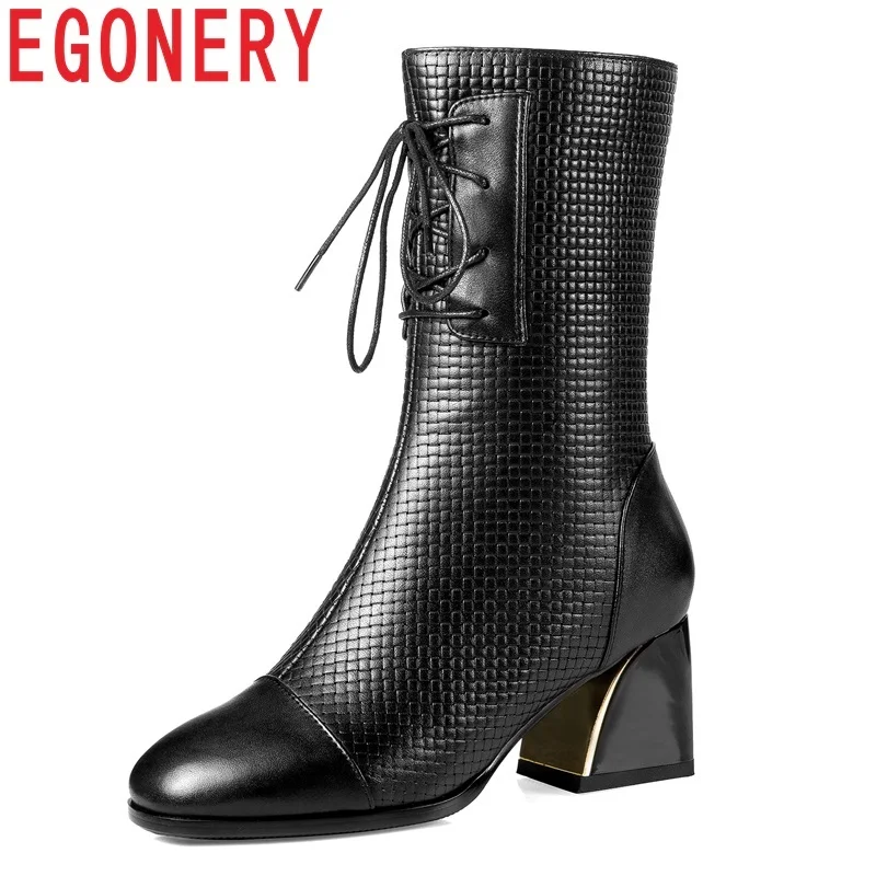 

EGONERY women shoes 2018 new fashion sexy square toe high square heel zip cross-tied handmade genuine leather mid calf boots