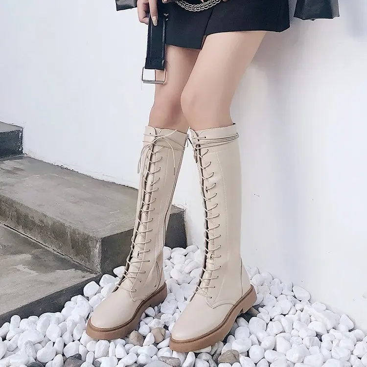 

2018 autumn new fashion simple solid color high tube motorcycle boots women trend comfortable flat Martin boots.