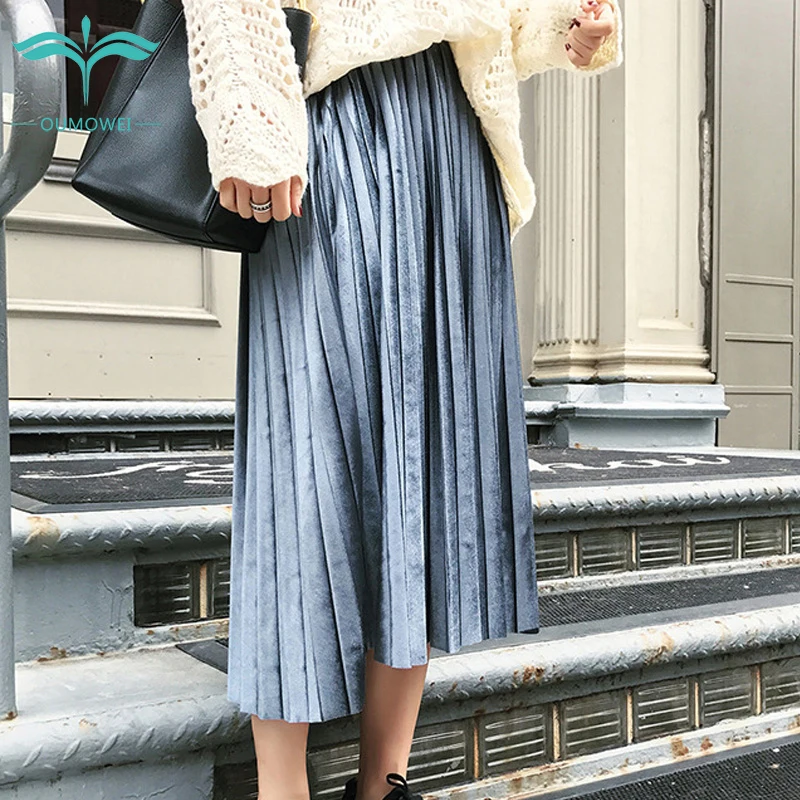 Oumowei плиссированная юбка для женщин, плюс размер, высокая талия, Harajuku, Юбка До Колена, весна-осень, однотонная, повседневная, Длинная черная юбка, 5XL, 6XL