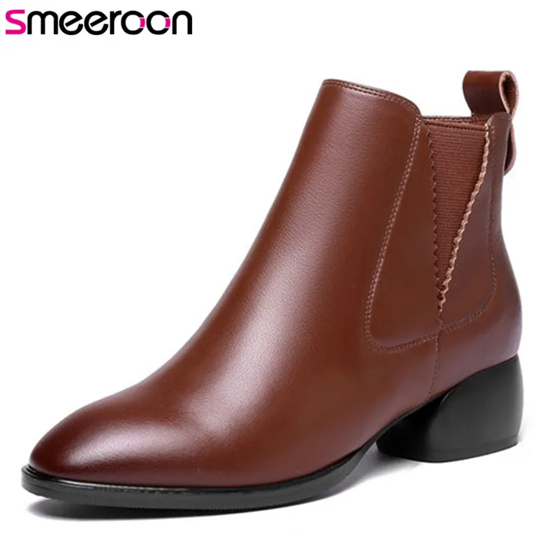 

Smeeroon popular ankle boots for women cow genuine leather boots round toe med heels autumn winter boots prom shoes