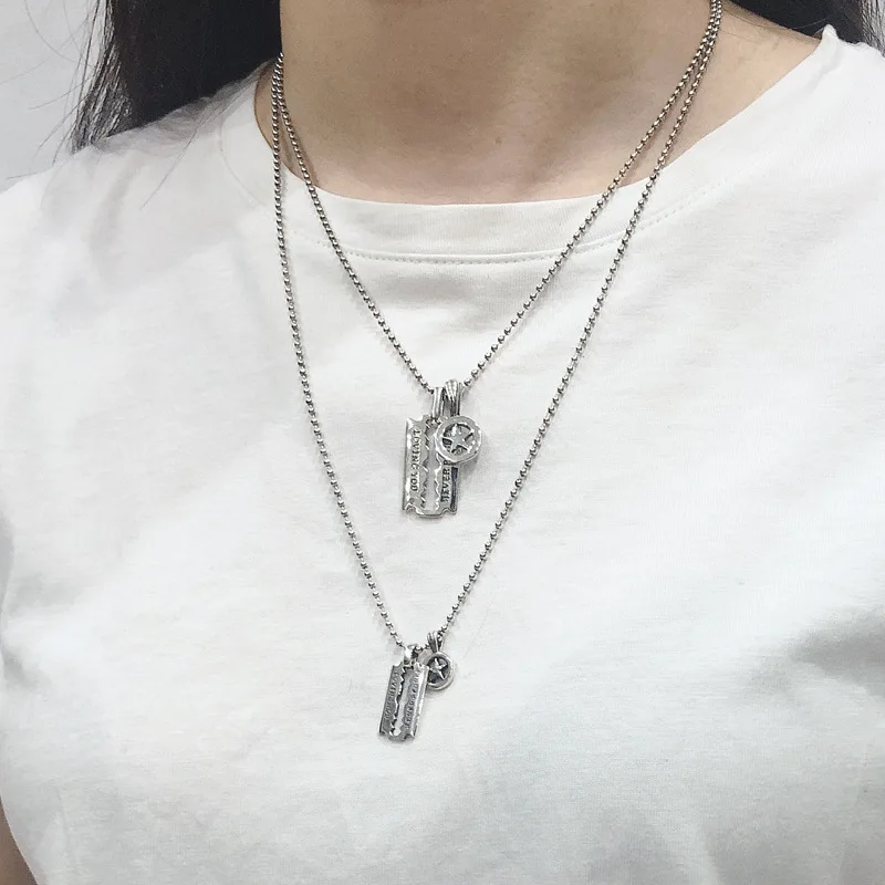 925 пробы Серебряное бритвенное лезвие индивидуальная цепочка ожерелье Античный Серебристый Круглый пентаграмма кулон ожерелье длинное короткое ожерелье