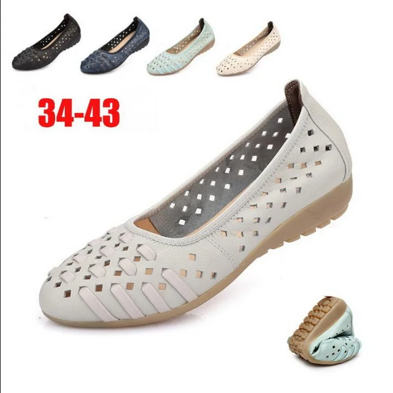 

RUSHIMAN Breathable Genuine Leather Summer Shoes Woman 2019 Flat Low Heel Hollow Out office nurse sandal For Women Soft
