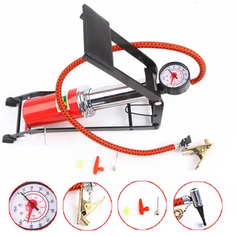 Portable High Pressure Tire Air Inflatable Pump Foot Inflator With Gauge For Car Motorcycle Bike