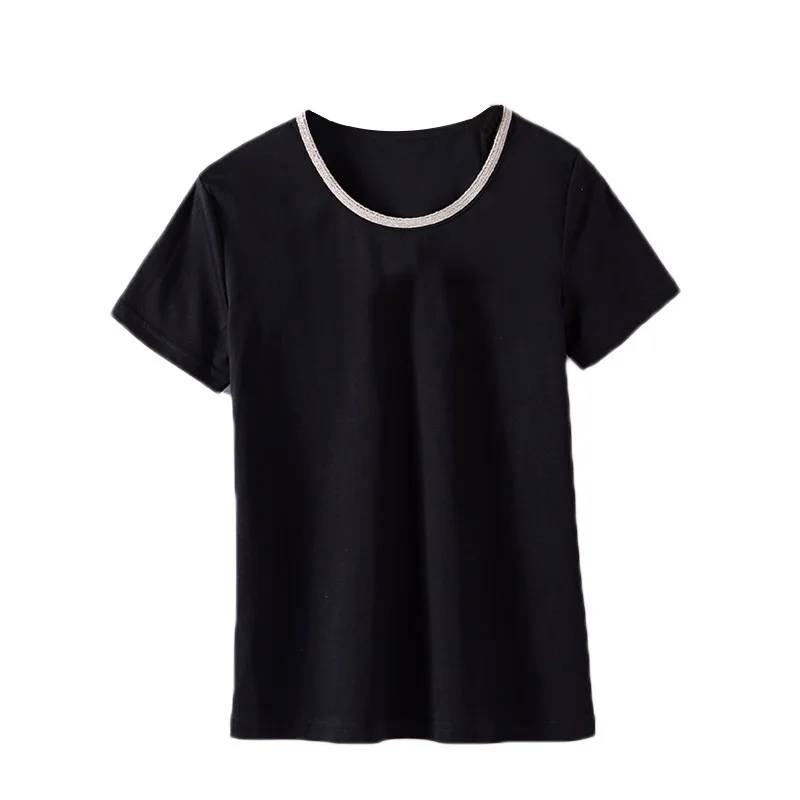 KENVY брендовая модная женская Высококачественная Роскошная летняя тонкая новая хлопковая футболка с короткими рукавами, украшенная бусинами и металлической цепочкой