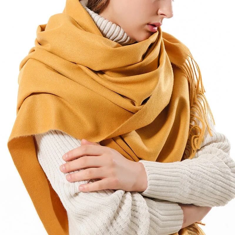 Luxury Winter Scarf Wool Cashmere Scarf Poncho Stoles Women Thicken Warm Scarves Wrap Pashmina Tassels Solid Color Scarf