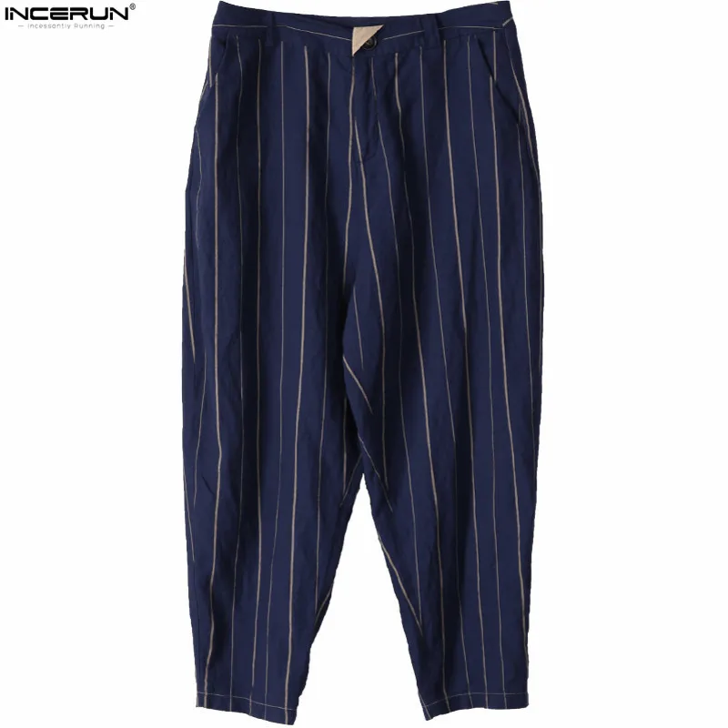 INCERUN Stripe Plaid Men Casual Pants Wide Legs Hiphop