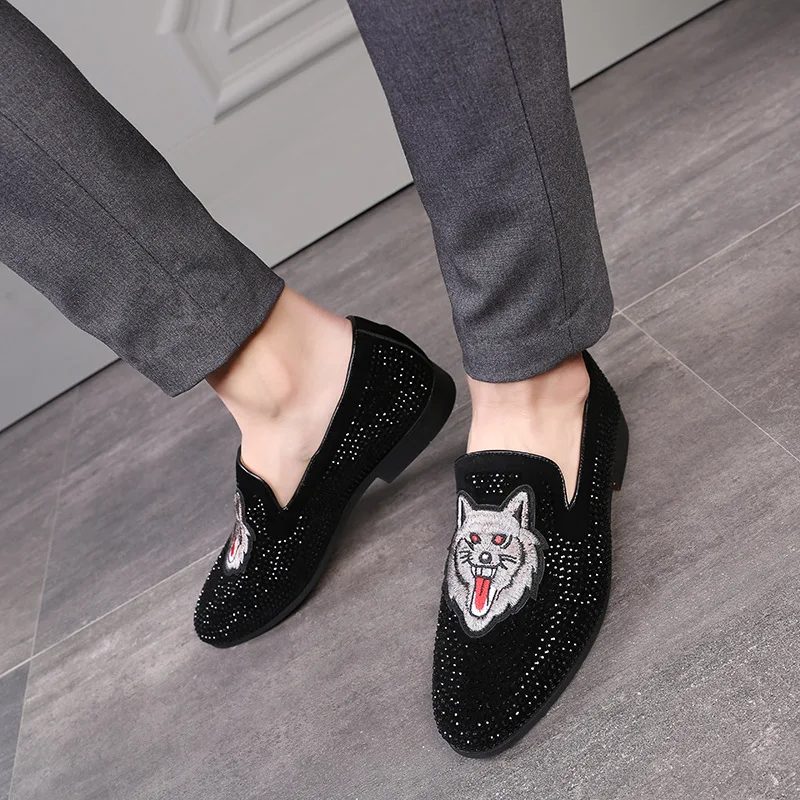 Casuais Bordado Sapatilhas Casamento Mocassins Vestido Couro Designer Moda Apartamentos Do De Sapatos Preto Strass Homens ZIqYw84