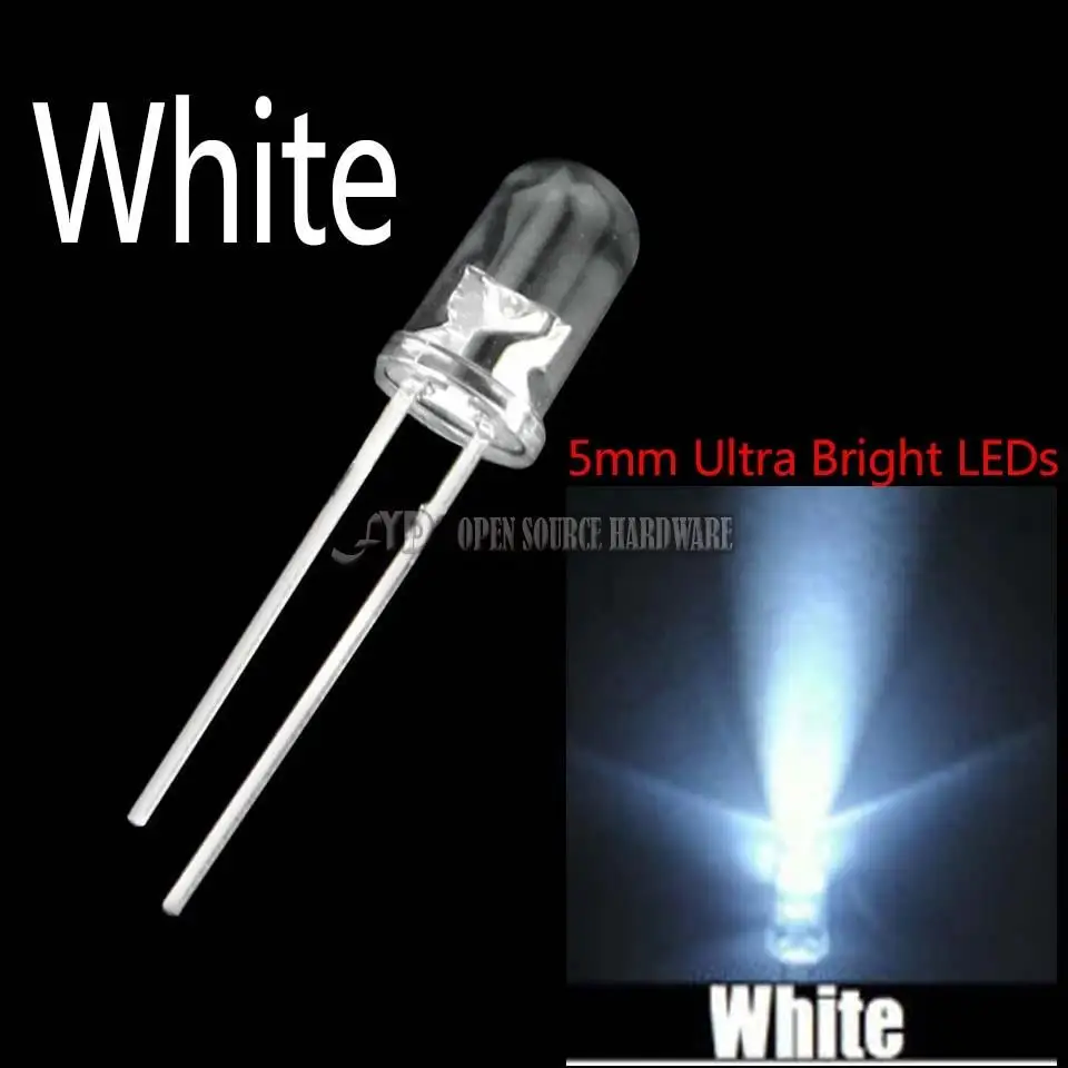50 LEDs 5mm Weiß 18000-20000mcd LED Weiße Leuchtdiode Zub 6V 9V 12V 14V 24V 