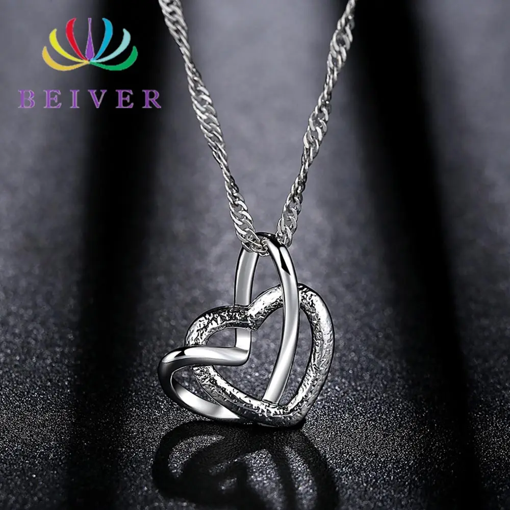 

Beiver Fashion Silver Necklace for Woman Scrub Double Heart Pendant Necklace Engagement Jewelry Give the Best Gift for Girl