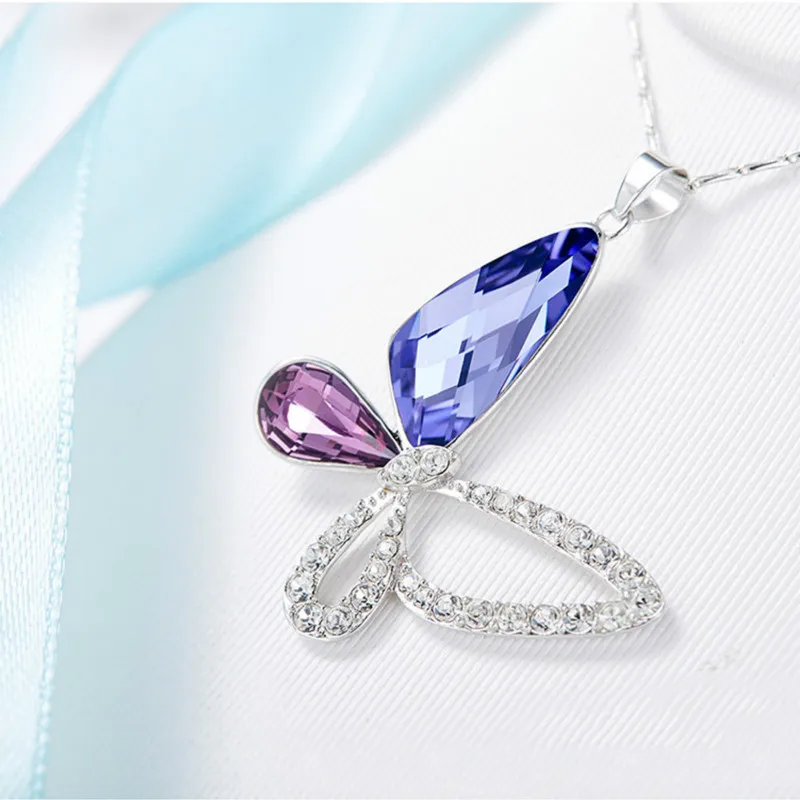 

100% 925 Sterling Silver Fashion Blue Purple Butterfly Necklace Women Crystal Necklace & Pendants Luxury Charm