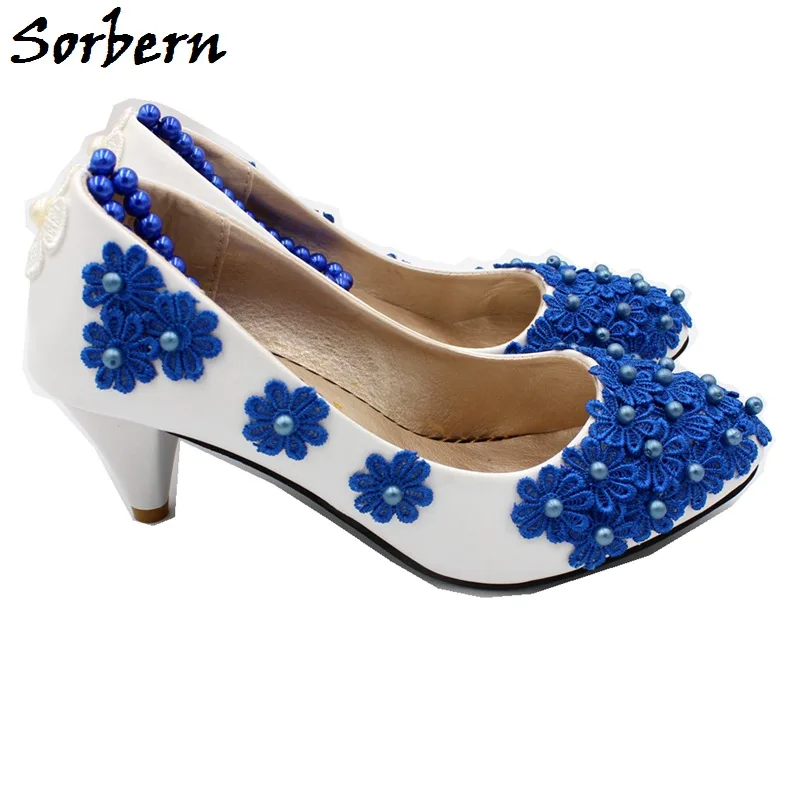 

Sorbern Handmade Ladies Wedding Shoes Blue Flowers String Bead Small Size Kitten Heel Slip-On Flat Ankle Women'S Wedding Shoes