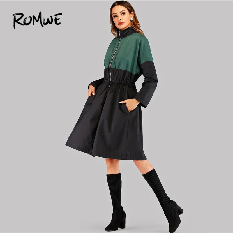 ROMWE лоскутное шнурок талии на молнии Женский Тренч модная одежда Осень Повседневная Высокая шея по колено верхняя одежда