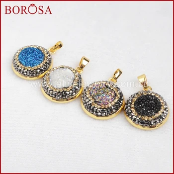 

BOROSA Gold Bezel Round Natural Crystal Titanium Druzy Pendant Paved Zircons Fashion Rainbow Crystal Pendant for Earrings JAB221