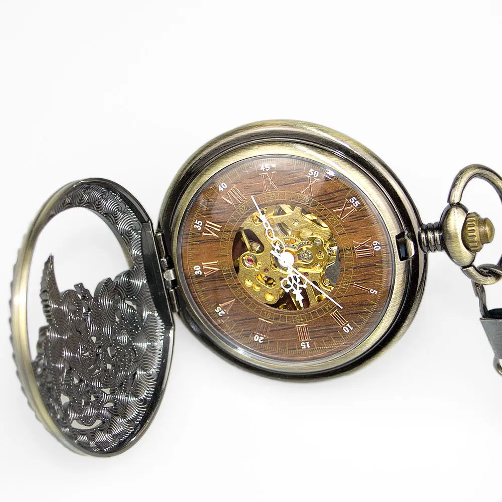 Топ бренд Бронзовый деревянный циферблат механические карманные часы римская цифра Изысканные часы с коробкой для мужчин и женщин PJX1333