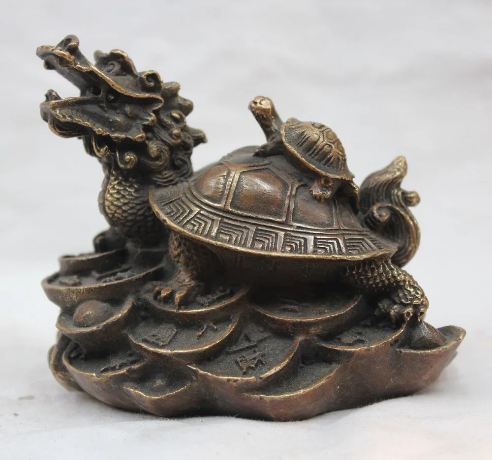 

China Chinese Folk Feng Shui Copper Fu Money Dragon Turtle Tortoise Kid Statue