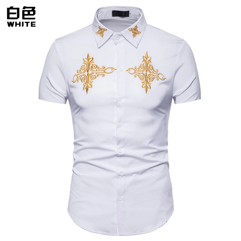 FFXZSJ Летняя мода тотем вышитые рубашки slim fit короткий рукав Camisas в новая кнопка Повседневная рубашка Этническая рубашка для мужчин - Цвет: DA10-white