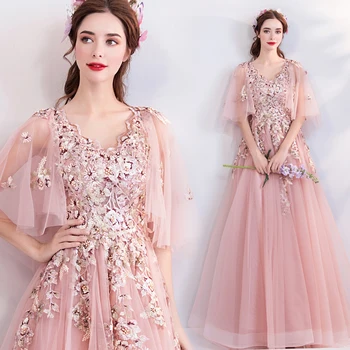 

2019 Pink Tulle Sheer V Neck Long A Line Prom Dresses Embroidery Lace Appliqued Illusion Sleeves Formal Party Wear Evening Dress