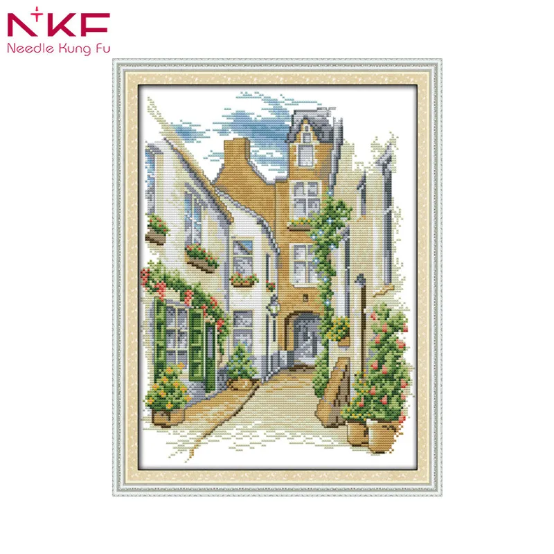 

A street view landscape home decor DIY handmade printed patterns on canvas cross-stitch kits embroidery needlework set DMC 14ct