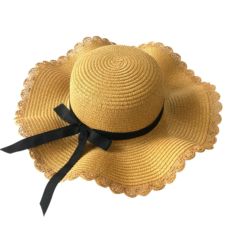 Летняя кепка для девочек, украшенная черной лентой, волнистая соломенная шляпа для девочек, детская Панама, Детская кепка от солнца, детские пляжные шляпы - Цвет: brown