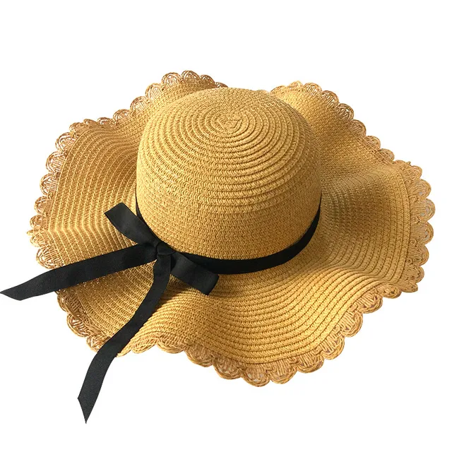 Girls Summer Cap Black Ribbon Decorate Wavy Straw Hat For Girls Children Panama Hat Kids Sun Cap Baby Beach Hats brown
