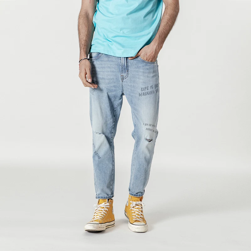 

SIMWOOD 2019 autumn new jeans men fashion letter print ripped ankle-length hip hop streetwear hole denim trousers 190350