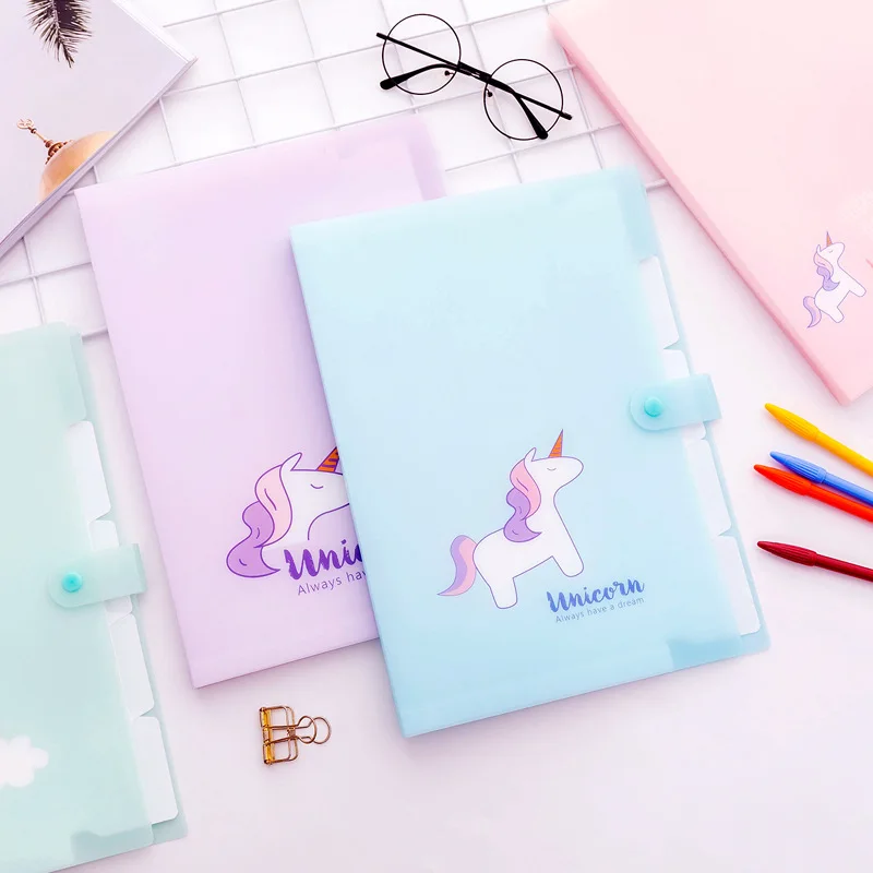 

Cute Unicorn Transparent Button Organ Bag Document Holder Office Folder Storage Pouch Package for A4 Paper File Folder