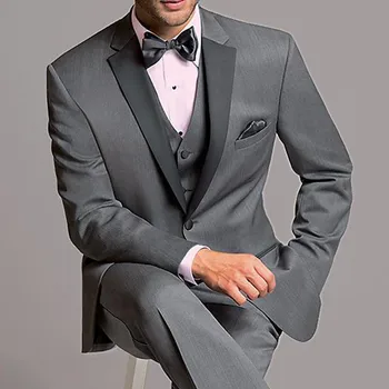 Skup Nowy Szary Szczyt Lapel Groom Smokingi Oblubieniec Mężczyzn Garnitur 3 Sztuk Custom Made Najnowsze Projekt Groom Blazer (kurtka + Spodnie + Kamizelka + Krawat)