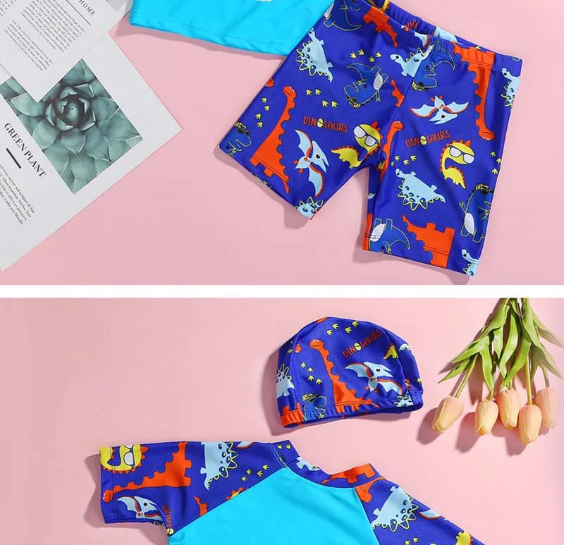 POPFavor/купальные шапочки из 2 предметов для мальчиков, детский купальник с динозавром из мультфильма Dionsaur, детская пляжная одежда костюм из трех предметов одежда для плавания