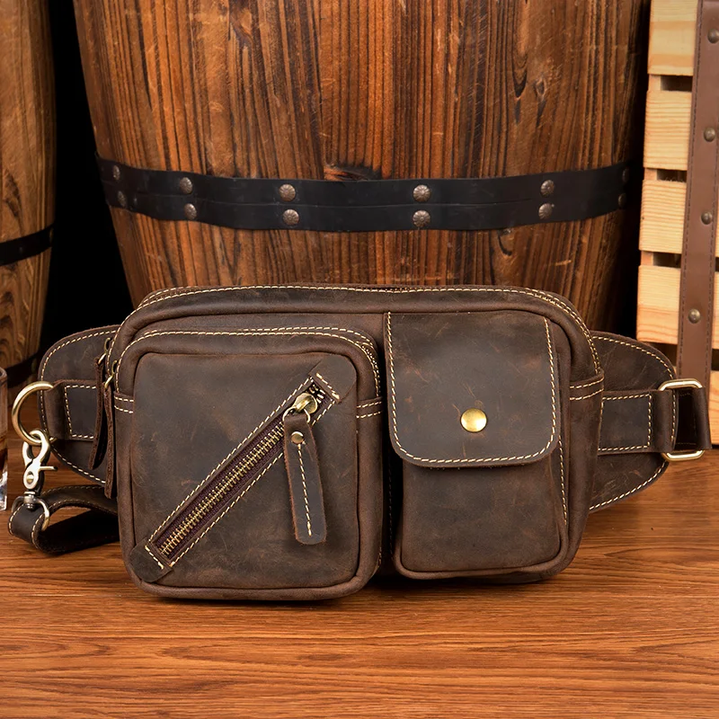 

Genuine Leather waist pack Men bag brown Belt bag fanny pack men bum bag Male waist pouch hip bag Multi -function Riding pouch
