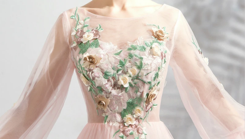 SSYFashion/Новинка; милое розовое кружевное вечернее платье; романтическое платье с длинными рукавами и вышивкой; Вечерние платья на выпускной; Robe De Soiree