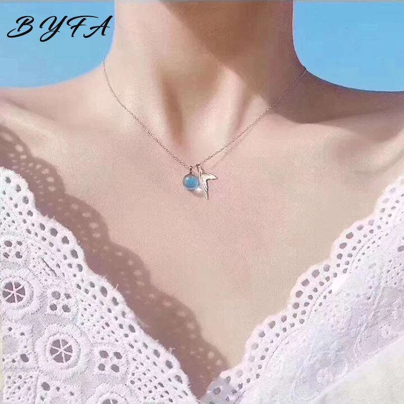 

Women Silver Foam Tail Mermaid Pendant Necklace Fish Shape Blue Crystal Bead Transparent Clavicle Chain Necklace Jewelry Girl