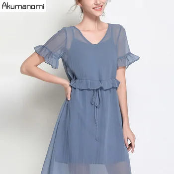 

Summer Chiffon Dress Women Clothing Blue V-neck Flare Short Sleeve Lace-up Ruffles Waist Dress Plus Size 5XL 4XL 3XL 2XL XL L M