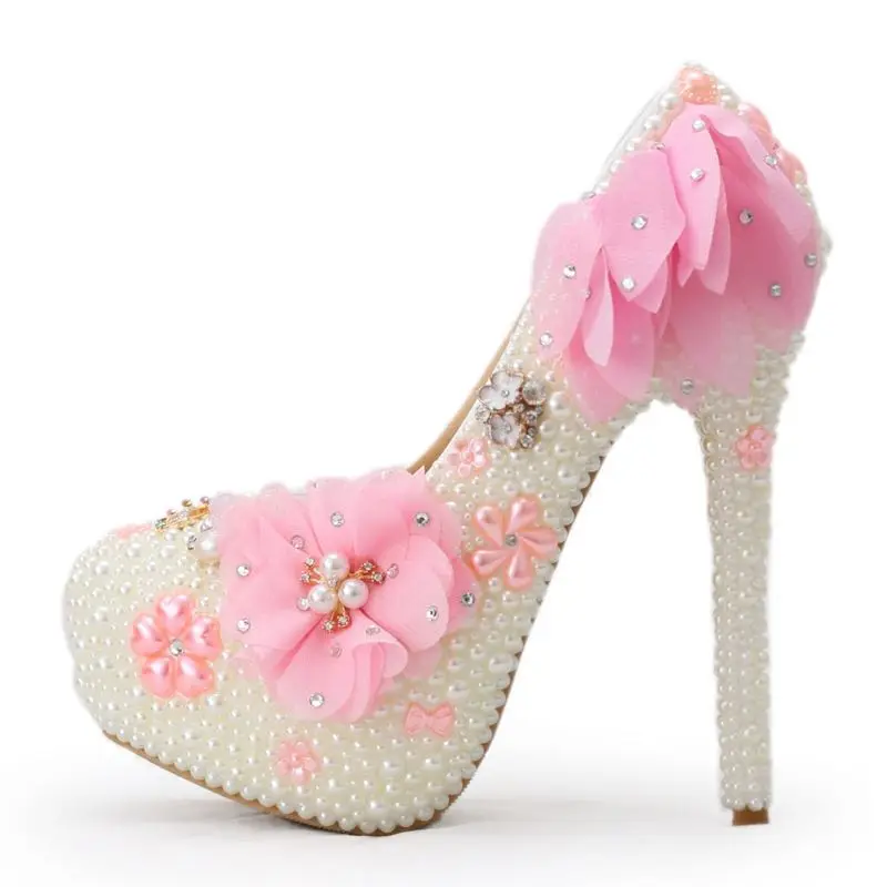 

Full pearls luxury handmade pink flowers wedding shoes woman ladies party dinner high heels platforms NQ010 pumps shoe