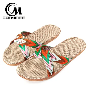 

CONYMEE Summer Flat Shoes Woman Flax Sandals 2018 Men Women Linen Indoor Home Slippers Rome Flip Flops Sandalias Zapatos Mujer