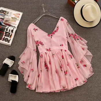

MUMUZI Feminine ruffled trumpet sleeves dress slim waist slimming V-neck floral chiffon dress female summer pink dresses