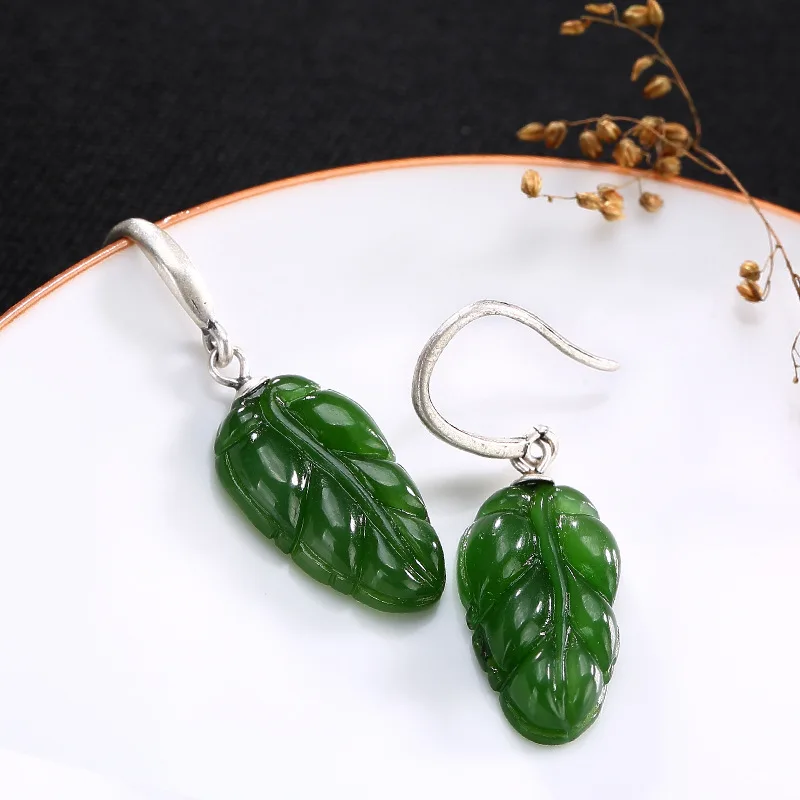 

2018 New S925 pure silver inlay restoring ancient ways ms hetian jade leaf pendant earrings wholesale high-grade joker