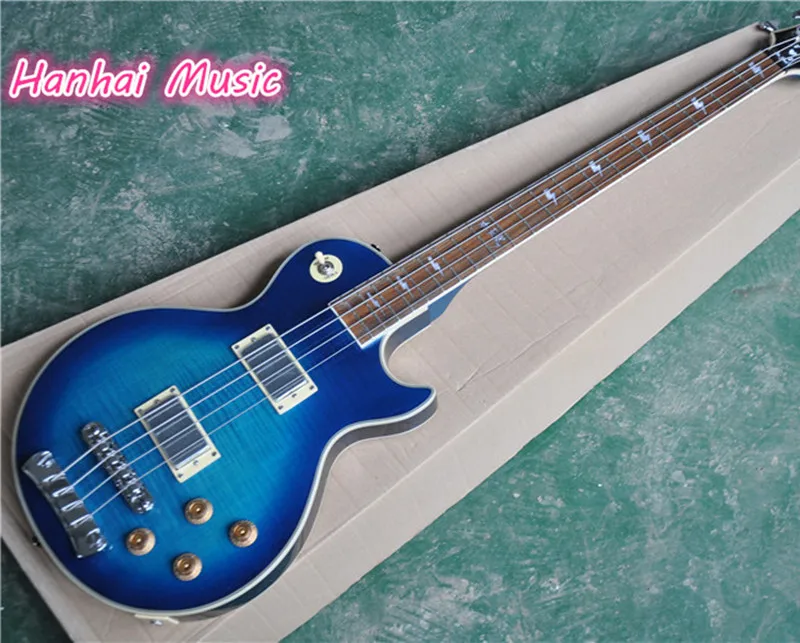 

4-String Electric Bass with Blue Color Body,Flame Maple Veneer,Chrome Hardware,White Binding,20 Frets,Signature on Fingerboard
