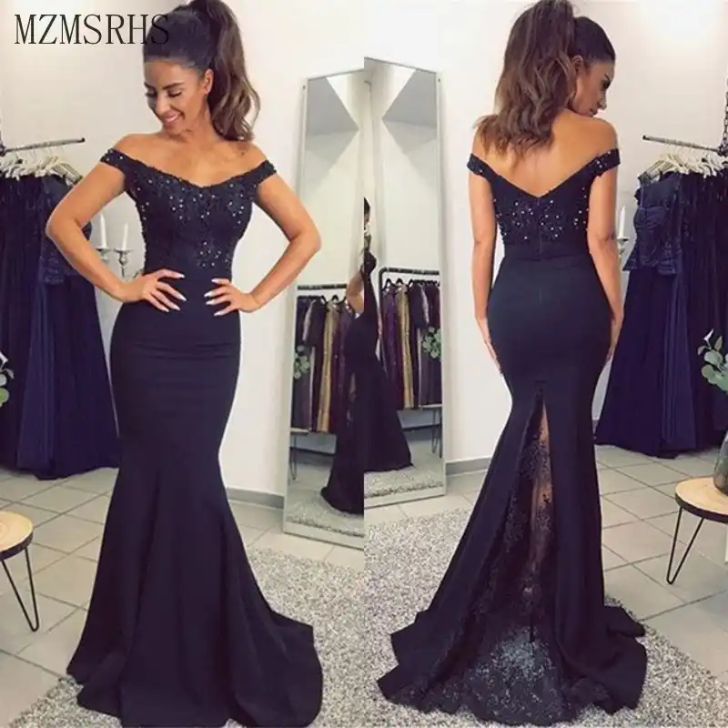 navy blue lace evening gown