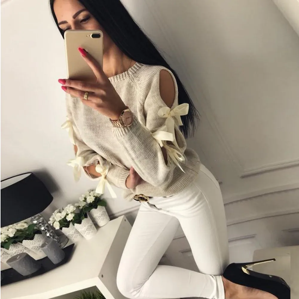 

Women Casual Solid Bow Tie Pullover Loose Sweater Jumper Tops Knitwear Women's Solid Color Lace Knot Knit Sweater 2019