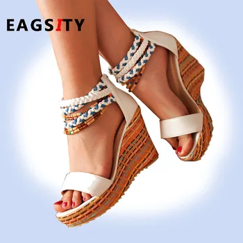 

EAGSITY Ethnic style women wedges heel shoes platform Bohemia beach sandals wedding party pumps white ladies high heel sandals